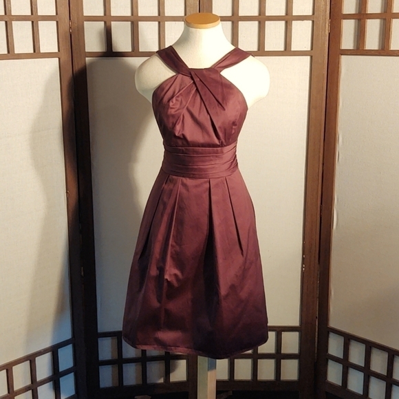 David's Bridal Short Cotton Brown Dress with Y-neck and Skirt Pleating Sz 4 - Picture 1 of 8